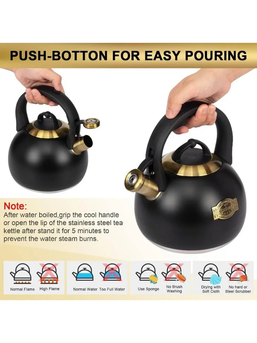 Black Kitchen Whistling Tea Kettle 3.1 Quart Stainless Steel Stovetop Tea Pot